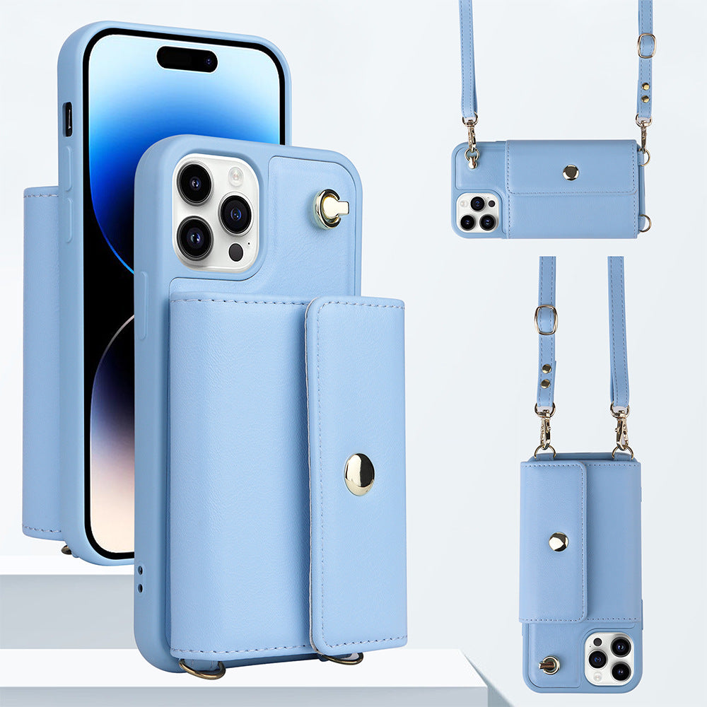 For iPhone 13 Pro 6.1 inch Magnetic Button Card Bag Phone Case PU Leather Coated TPU Cover with Shoulder Strap For iPhone 13 Pro 6.1 inch Magnetic Button Card Bag Phone Case PU Leather Coated TPU Cover with Shoulder Strap